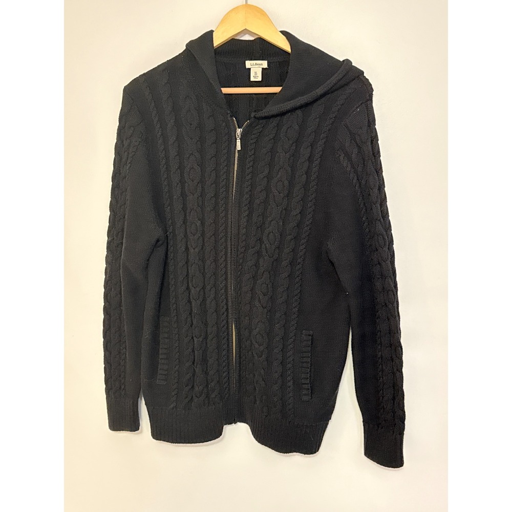 LL Bean Cable Knit Full Zip Hoodie Sweater Womens XL Petite Classic Fisherman